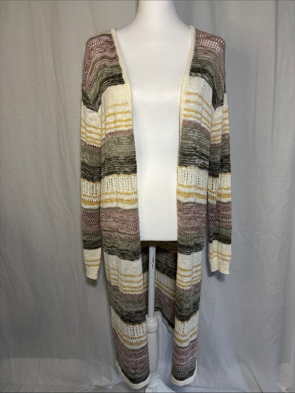 Olive & Oak Boho Striped Open Long Cardigan in Cream, Olive, Mustard and Mauve